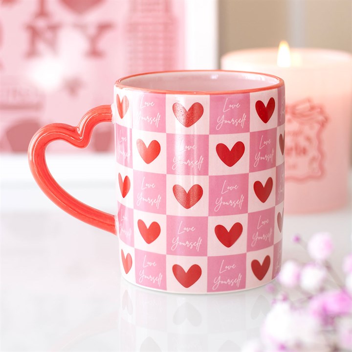 Love Yourself Checkered Heart Handle Ceramic Mug