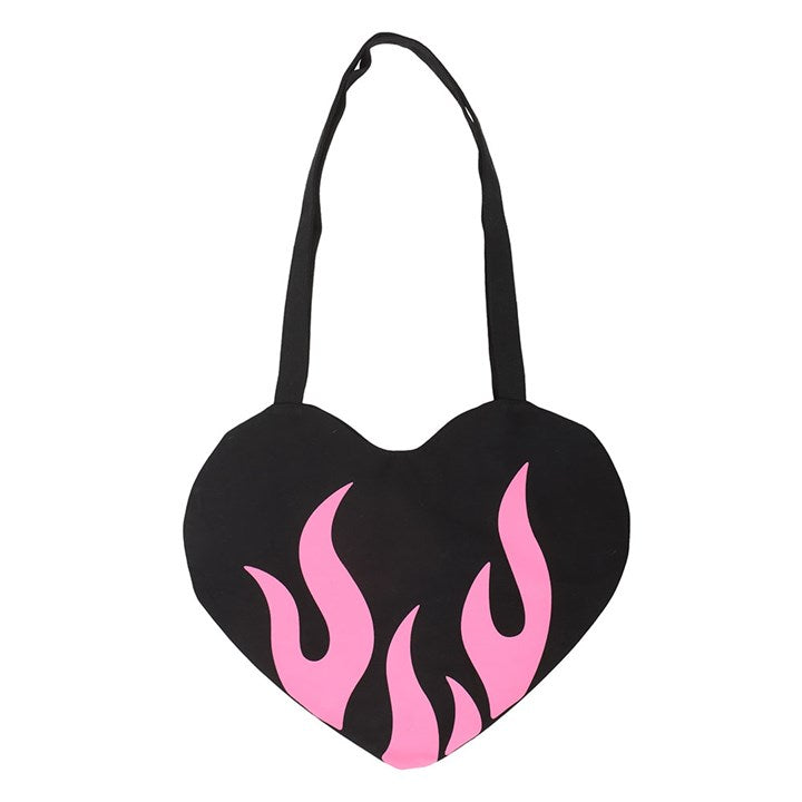 Black with Pink Flame Heart Shaped Tote Bag