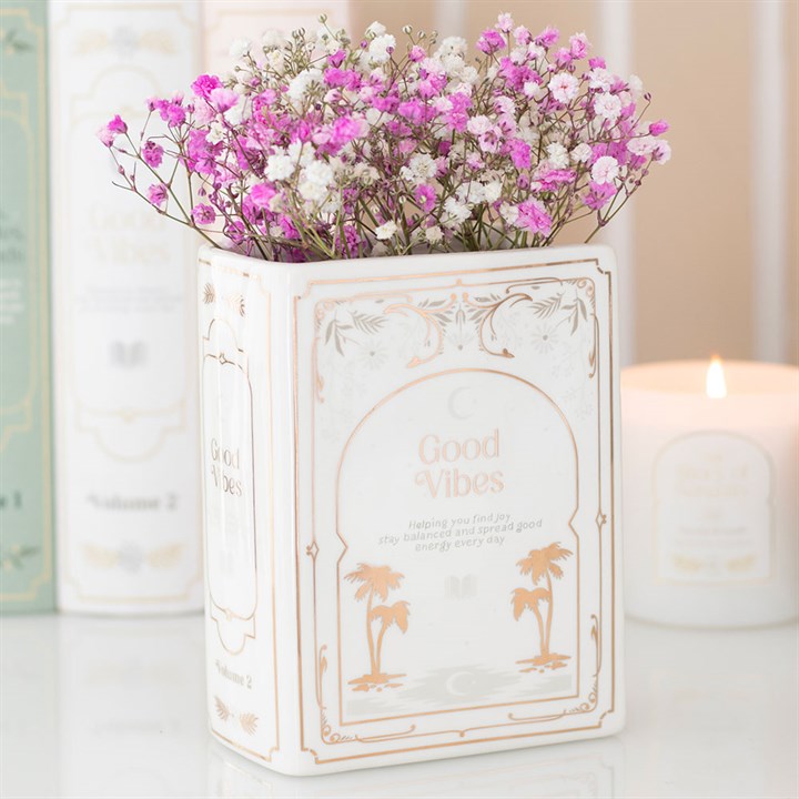 White Book Shaped Ceramic Flower Vase - Good Vibes