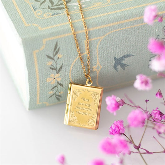 Gold Toned Book Shaped Locked Necklace in Book Shaped Gift Box