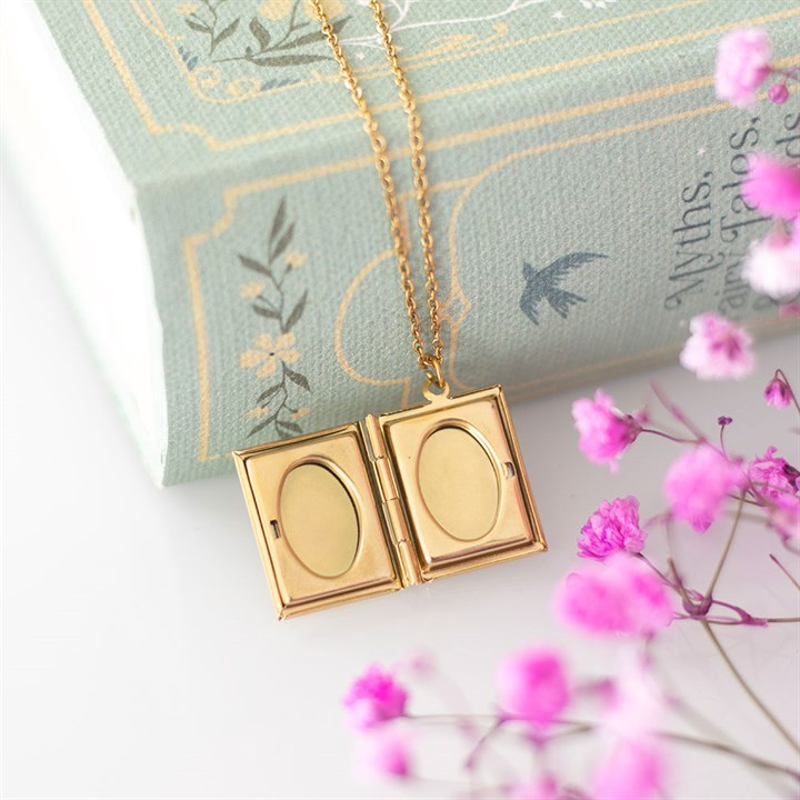 Gold Toned Book Shaped Locked Necklace in Book Shaped Gift Box