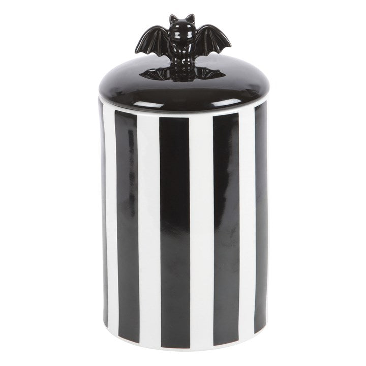Black and White Striped Bat Ceramic Storage Jar