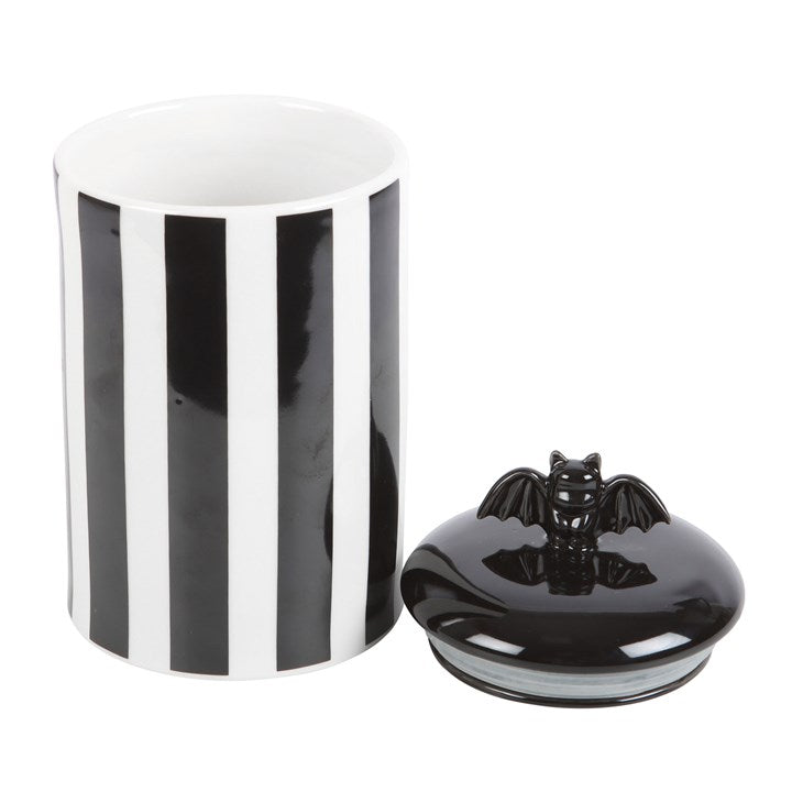 Black and White Striped Bat Ceramic Storage Jar
