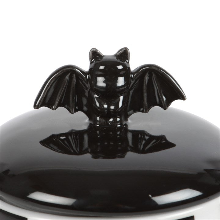 Black and White Striped Bat Ceramic Storage Jar