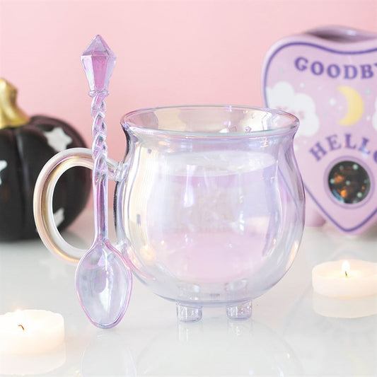 Purple Double Walled Glass Cauldron Mug Spoon