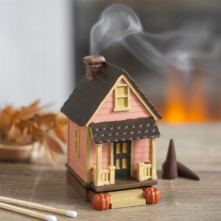 Pink House with Pumpkins Incense Cone Burner