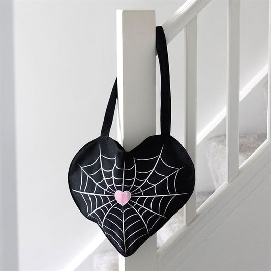 Black Spiderweb Heart Satin Tote Bag