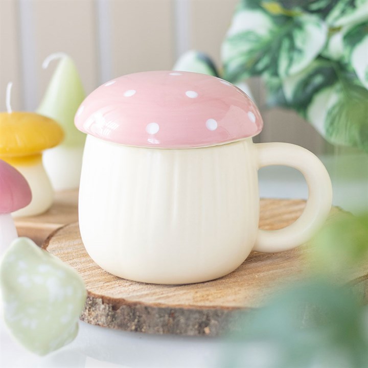 Pink Mushroom Lidded Ceramic Mug