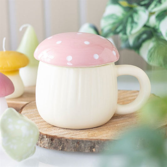 CLEARANCE Pink Mushroom Lidded Ceramic Mug