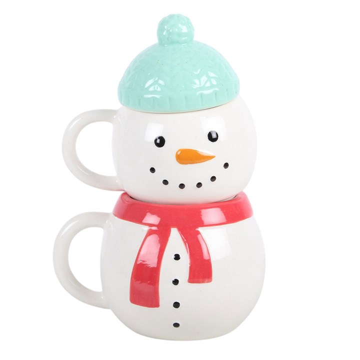 Set of 2 Winter Snowman Ceramic Stacking Mug