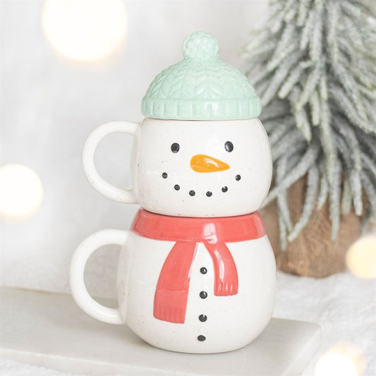 Set of 2 Winter Snowman Ceramic Stacking Mug