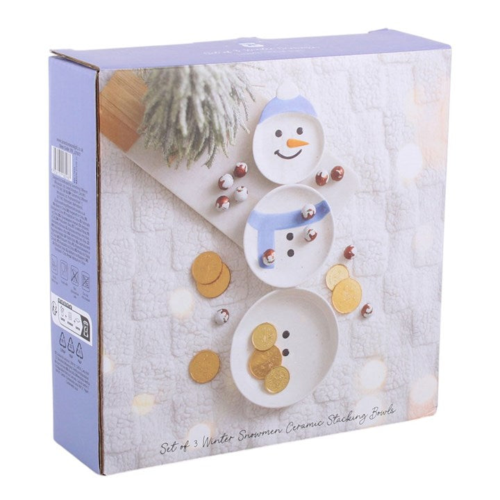 Set of 3 Winter Snowman Ceramic Stacking Bowls