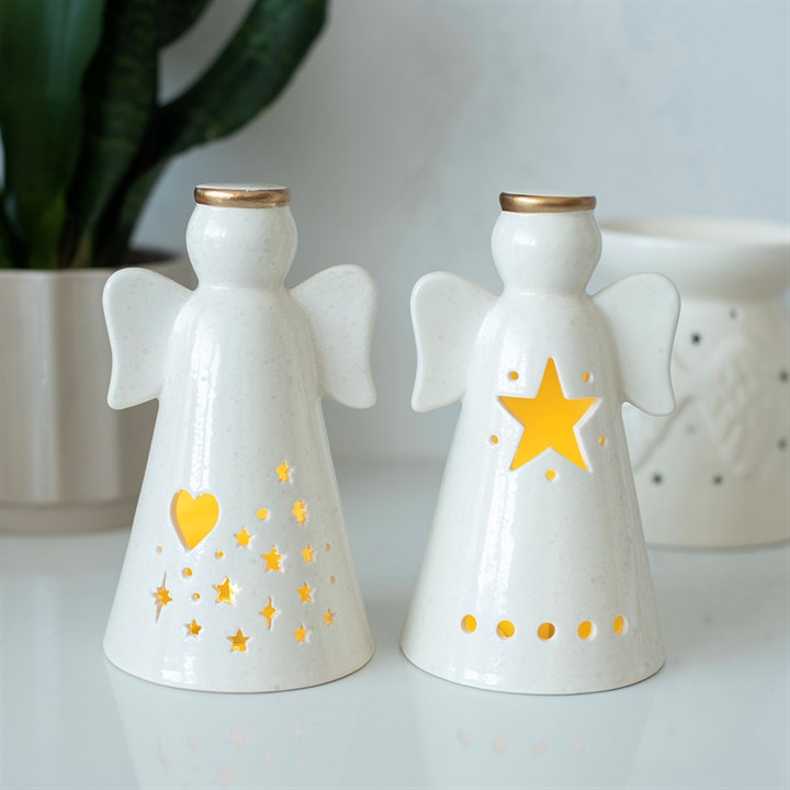 Set of 2 Small LED Light Up Ceramic Angel Decoration