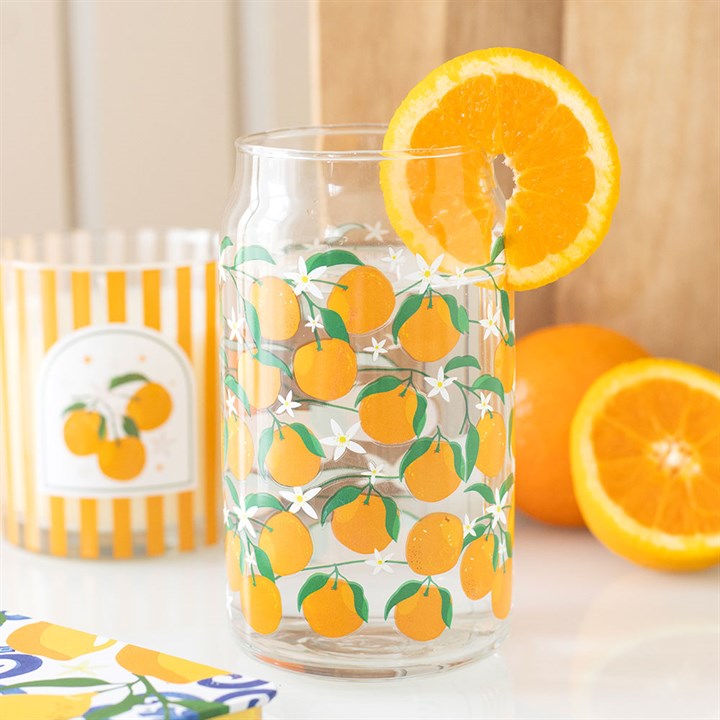 Orange Print Can Style Drinking Glass Tumbler