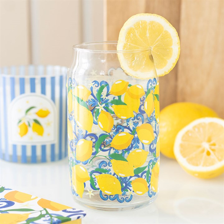 Lemon Print Can Style Drinking Glass Tumbler