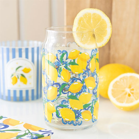 Lemon Print Can Style Drinking Glass Tumbler