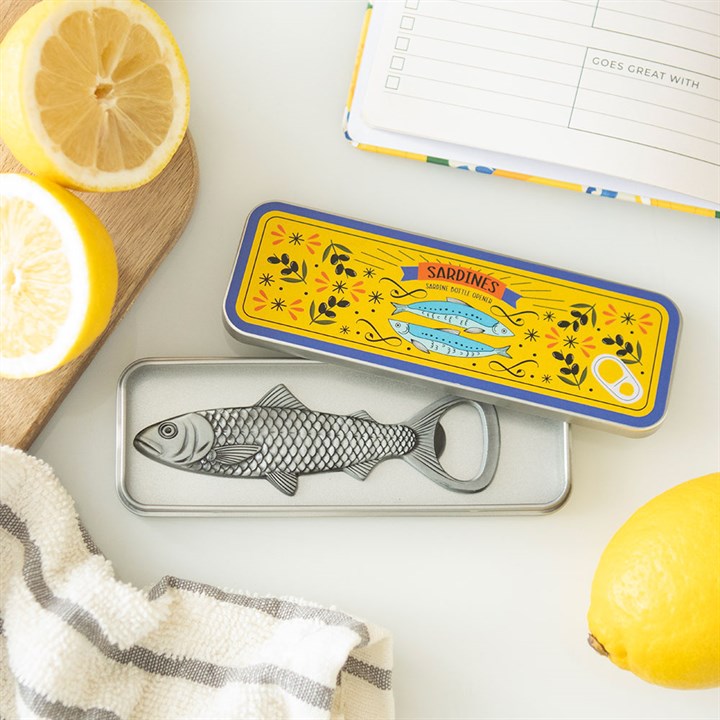Metal Sardine Shaped Bottle Opener in Storage Tin