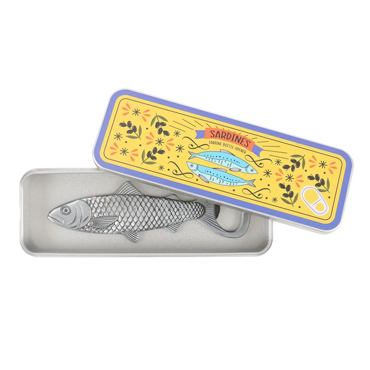 Metal Sardine Shaped Bottle Opener in Storage Tin