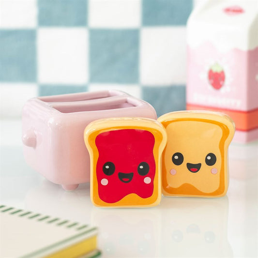 Kawaii Ceramic Toast Salt & Pepper Shakers in Toaster Holder