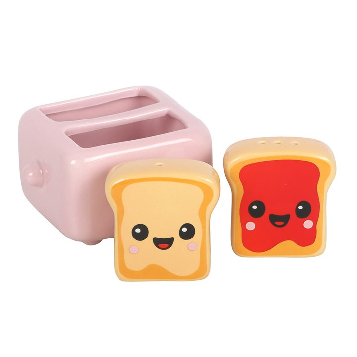 Kawaii Ceramic Toast Salt & Pepper Shakers in Toaster Holder
