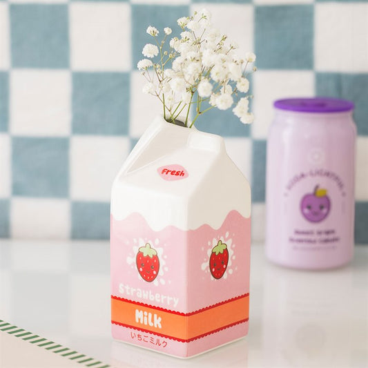 Kawaii Strawberry Milk Carton Ceramic Flower Vase