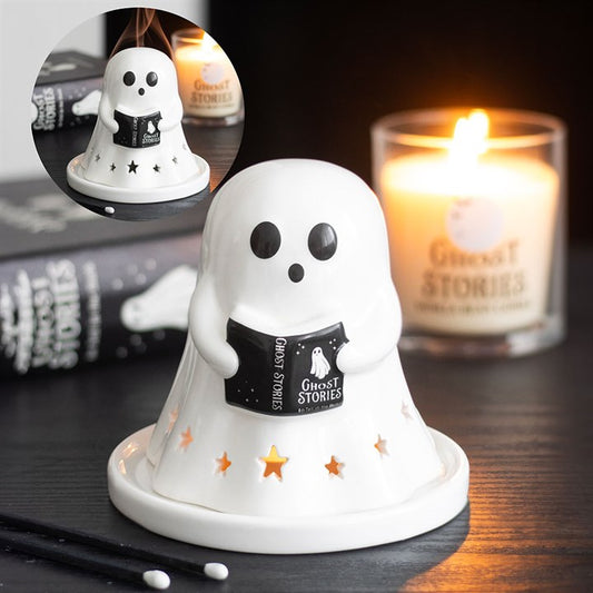 Ghost Stories, Ghost with Book Ceramic Tea Light & Incense Cone Holder