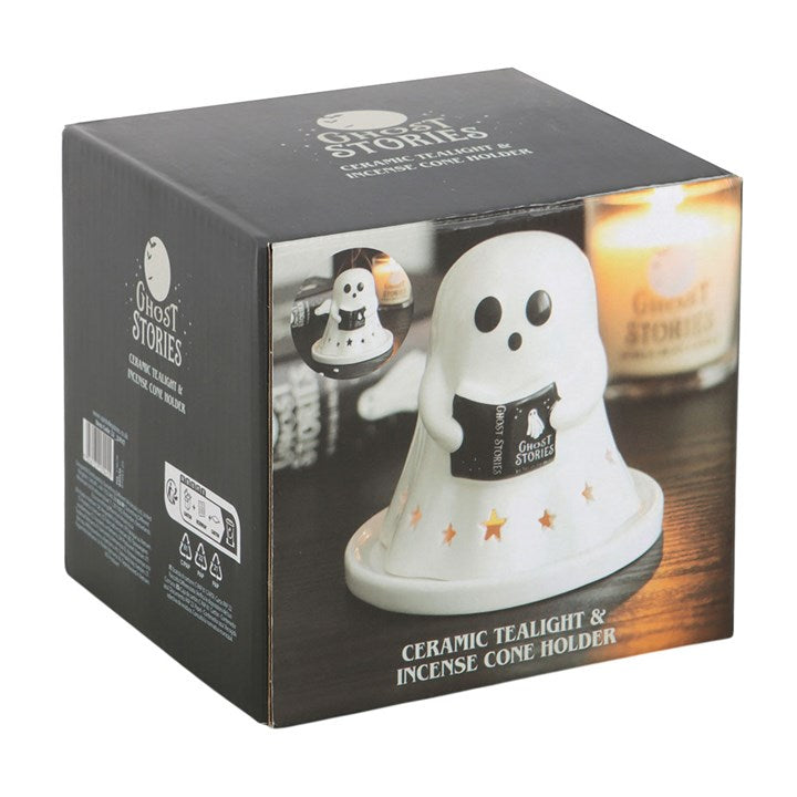 Ghost Stories, Ghost with Book Ceramic Tea Light & Incense Cone Holder