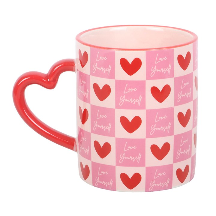 Love Yourself Checkered Heart Handle Ceramic Mug