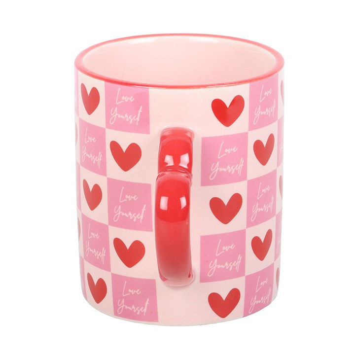 Love Yourself Checkered Heart Handle Ceramic Mug