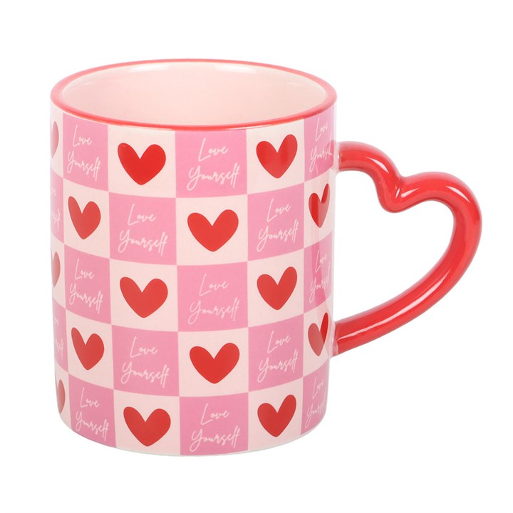 Love Yourself Checkered Heart Handle Ceramic Mug