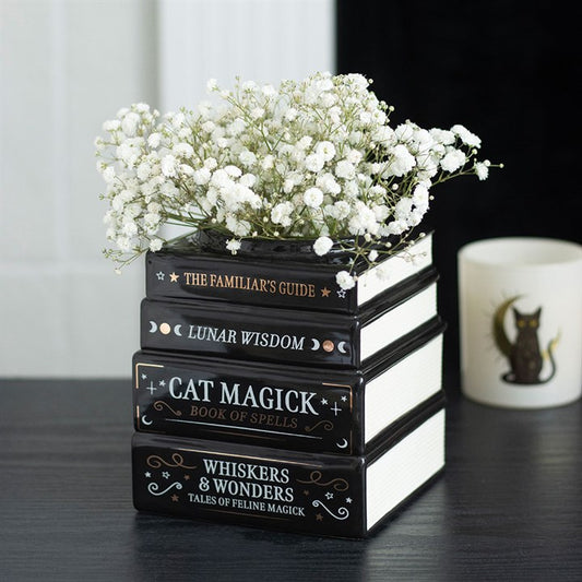 Black Cat Magick Book Stack Ceramic Vase