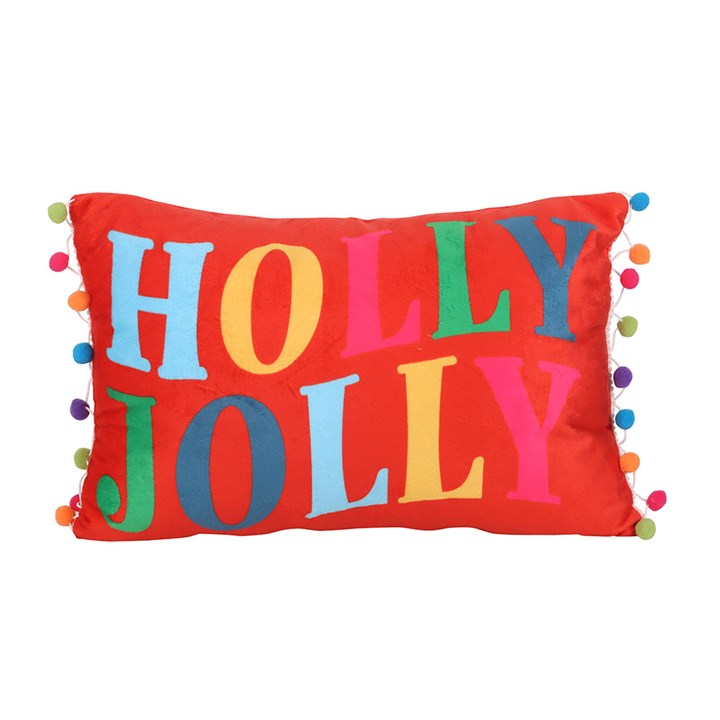 CLEARANCE Red Christmas Holly Jolly Cushion with Pom Poms