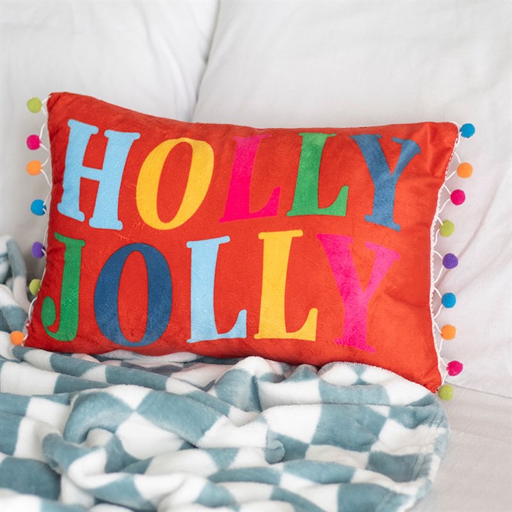 CLEARANCE Red Christmas Holly Jolly Cushion with Pom Poms