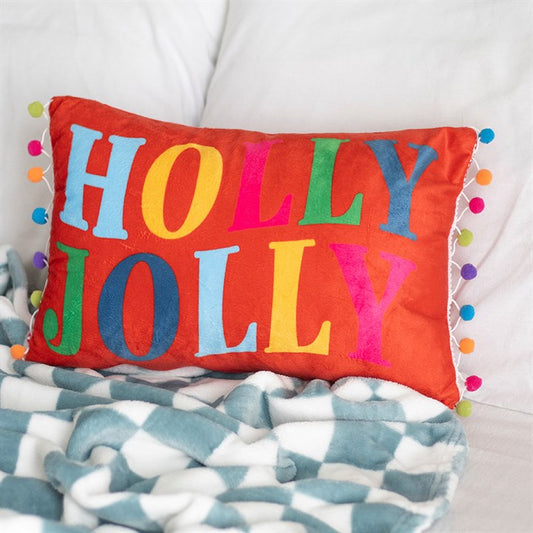 CLEARANCE Red Christmas Holly Jolly Cushion with Pom Poms
