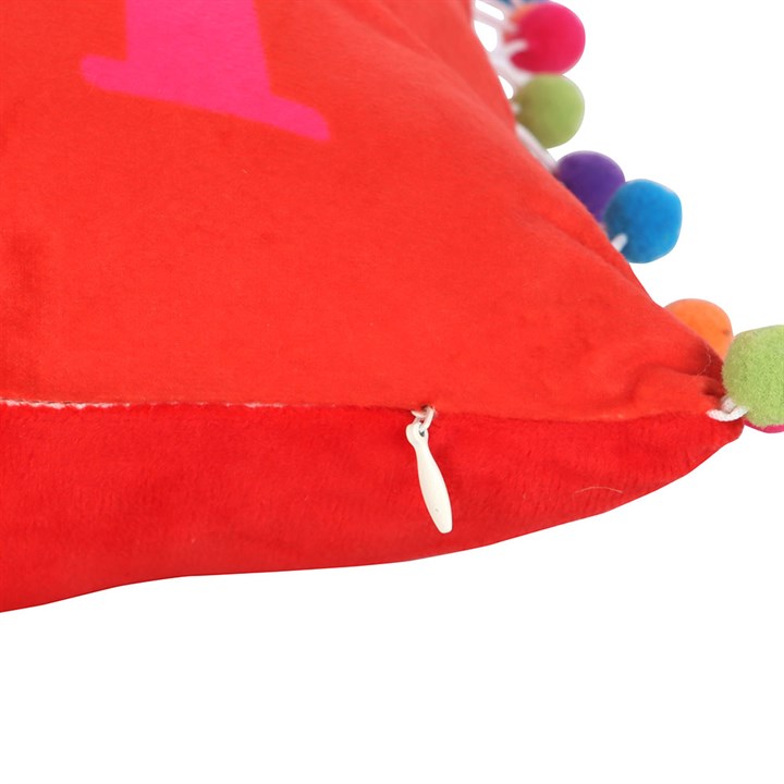 CLEARANCE Red Christmas Holly Jolly Cushion with Pom Poms