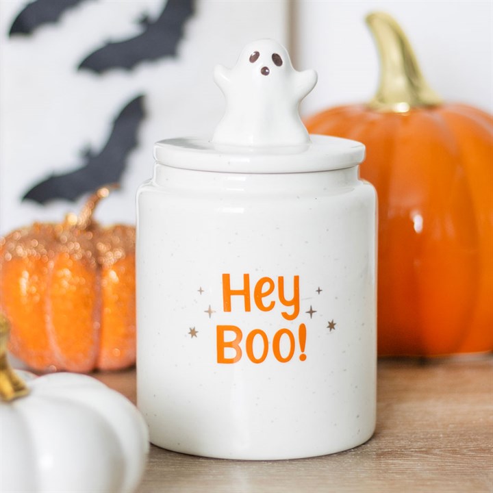 CLEARANCE White & Orange Hey Boo Ghost Ceramic Storage Jar