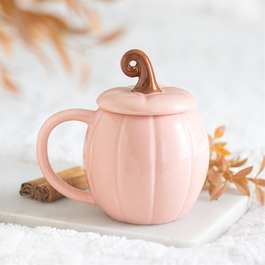 Pink Curly Pumpkin Lidded Ceramic Mug