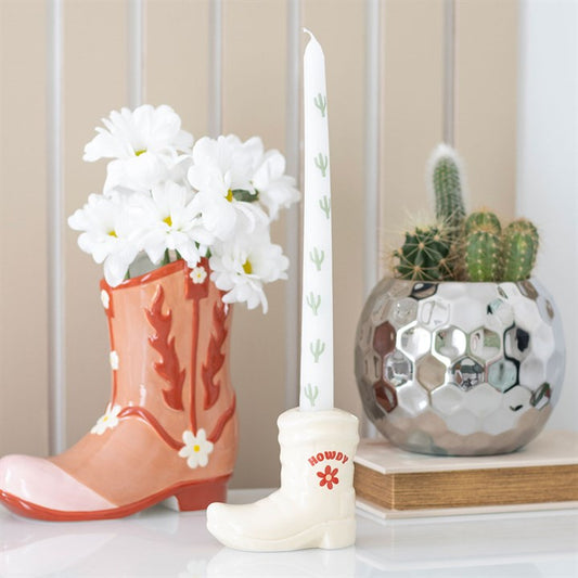CLEARANCE White Cowboy Boot Candle Holder and Cactus Print Taper Candle Set