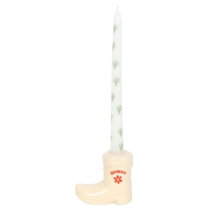 White Cowboy Boot Candle Holder and Cactus Print Taper Candle Set