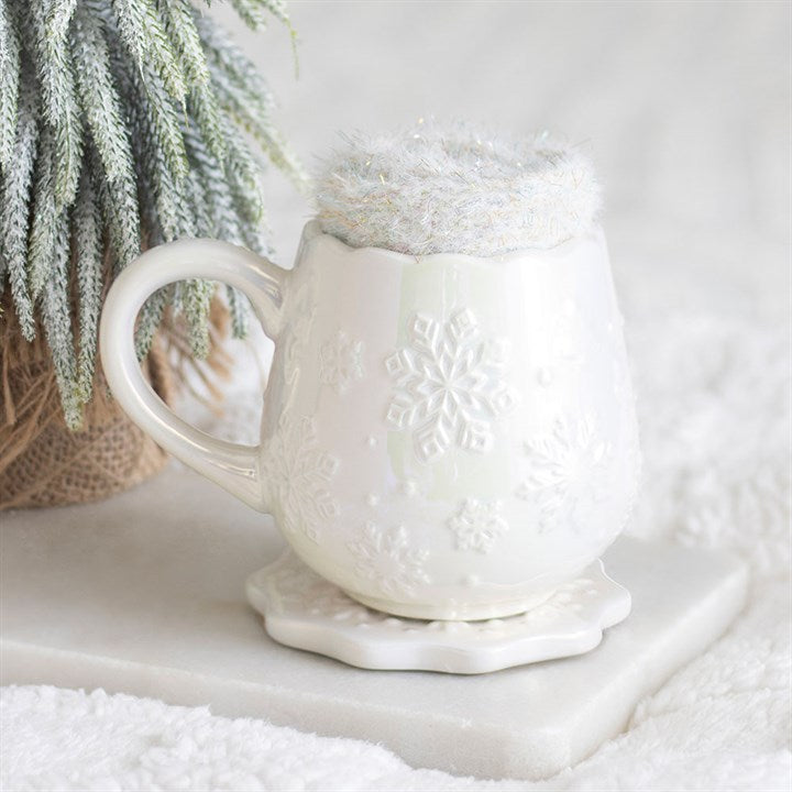 Iridescent Snowflake Ceramic Mug, Coaster and Socks Set