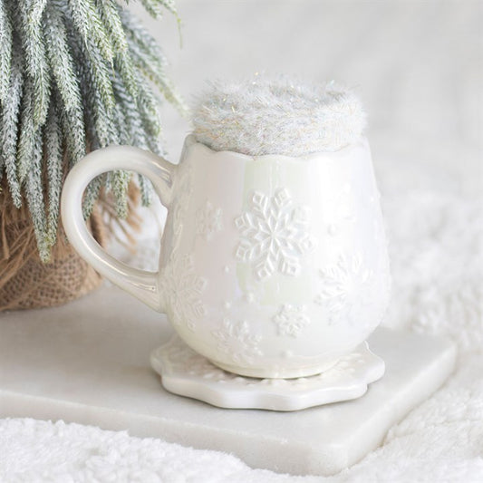 Iridescent Snowflake Ceramic Mug, Coaster and Socks Set