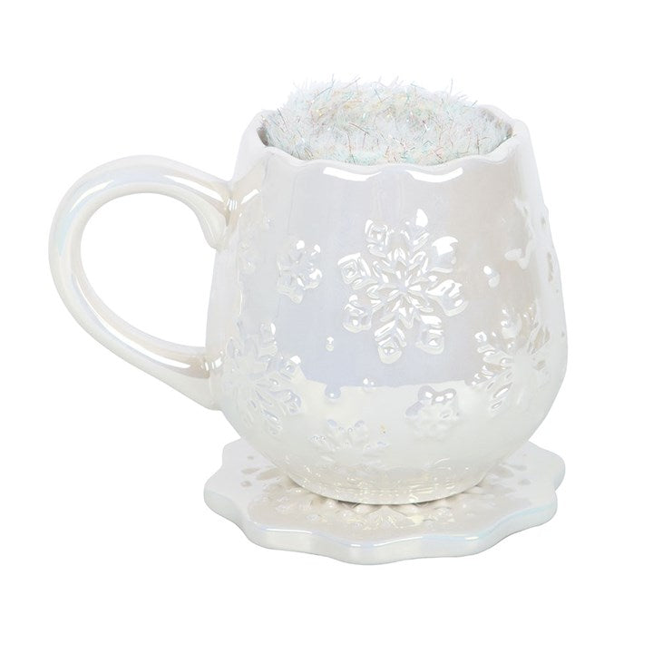 Iridescent Snowflake Ceramic Mug, Coaster and Socks Set
