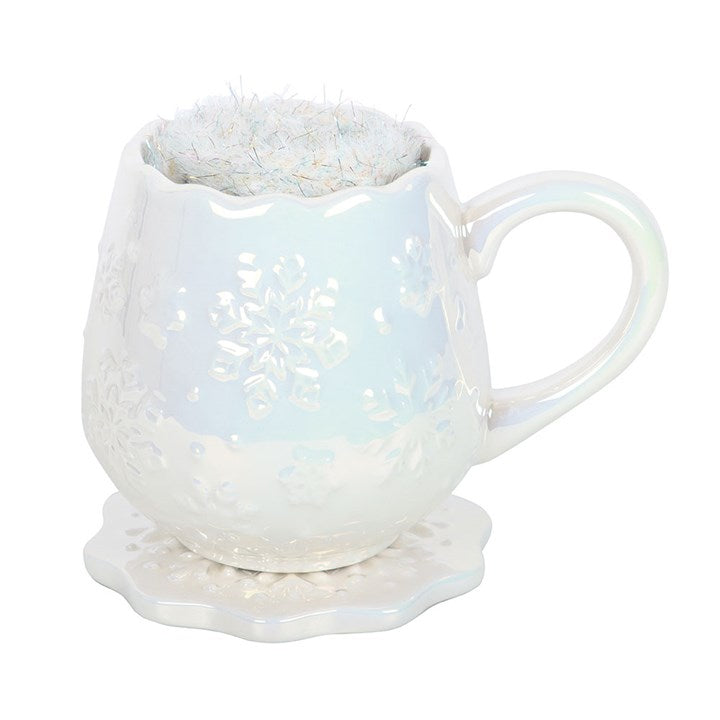 Iridescent Snowflake Ceramic Mug, Coaster and Socks Set