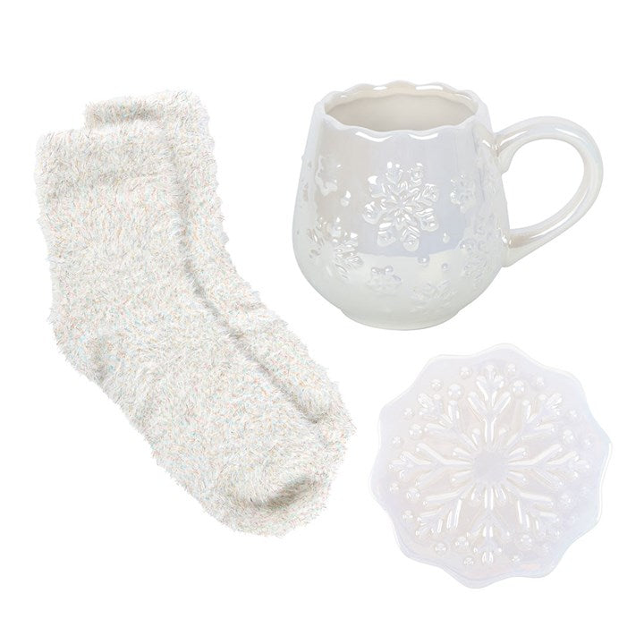 Iridescent Snowflake Ceramic Mug, Coaster and Socks Set