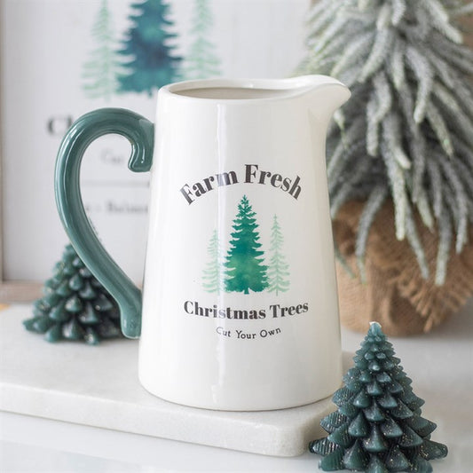 CLEARANCE White & Green Farm Fresh Christmas Trees Ceramic Flower Jug