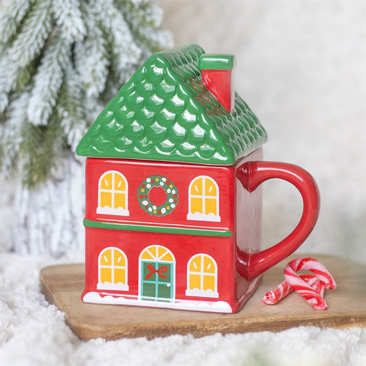 Red Christmas House Ceramic Lidded Mug