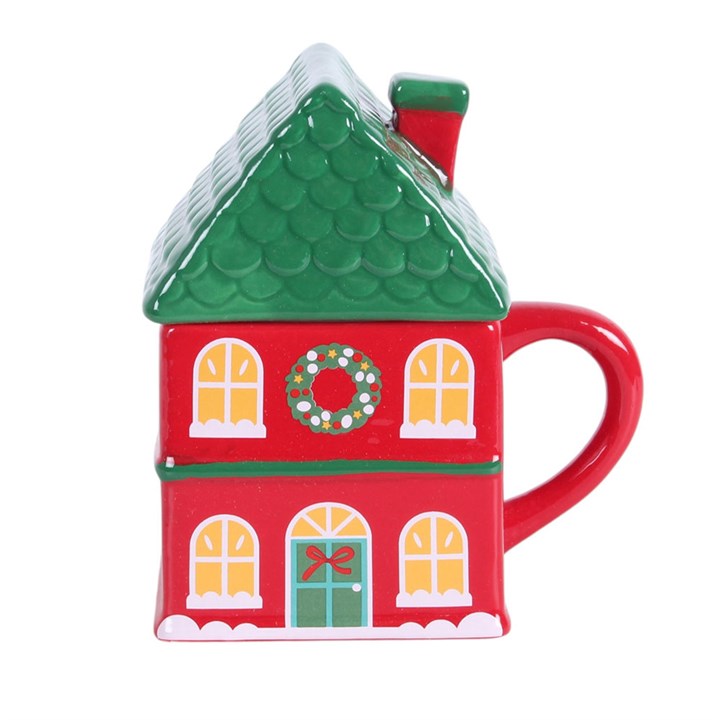 Red Christmas House Ceramic Lidded Mug