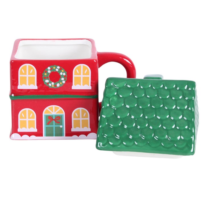 Red Christmas House Ceramic Lidded Mug