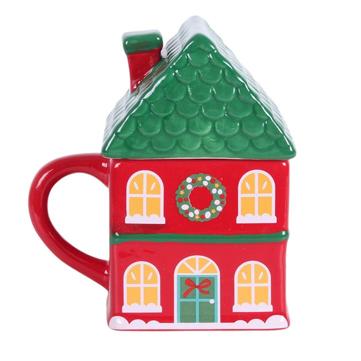 Red Christmas House Ceramic Lidded Mug