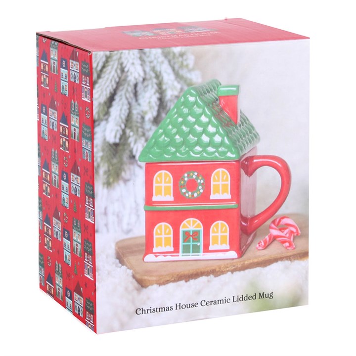 Red Christmas House Ceramic Lidded Mug